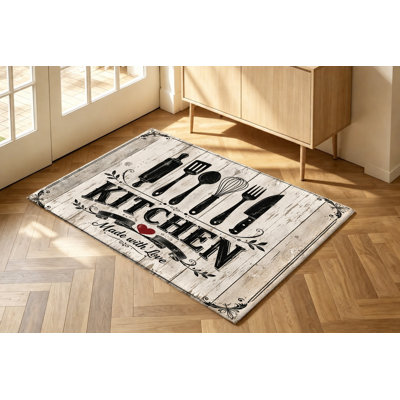 Tapis de cuisine lavable à la machine avec envers antidérapant, tapis à motif de planches de bois avec ustensiles, décoration intérieure douillette pour la salle à manger, le salon, le vestibule, l’appartement