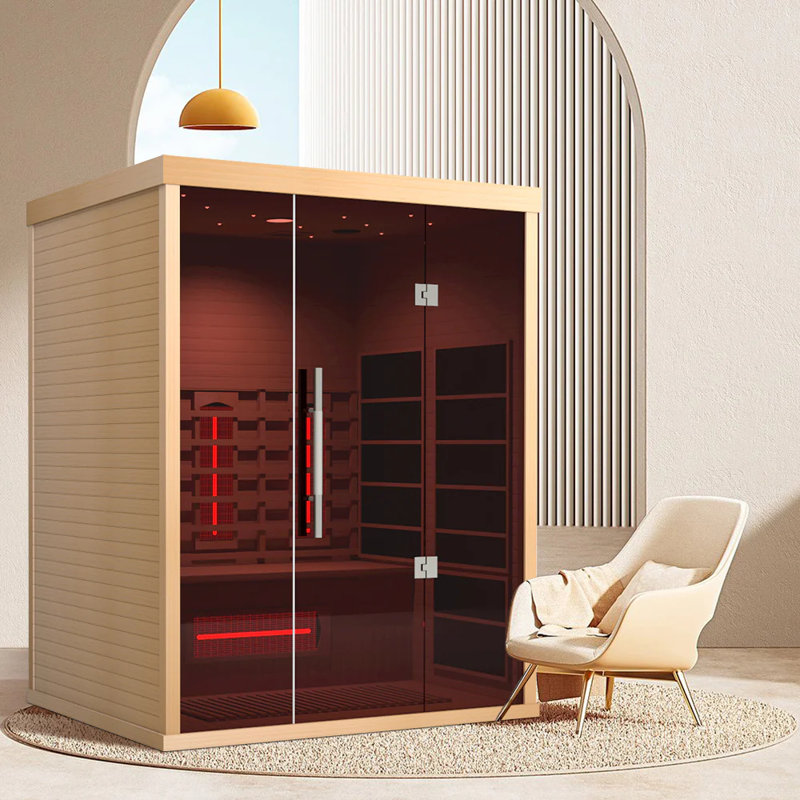 Sauna infrarouge à spectre complet pour 3 personnes, sauna intérieur en bois de pruche canadien avec contrôle Wi-Fi amélioré, haut-parleur, barre d'oxygène, lecture et lumière étoilée 7 couleurs, 2100 W, 220 V