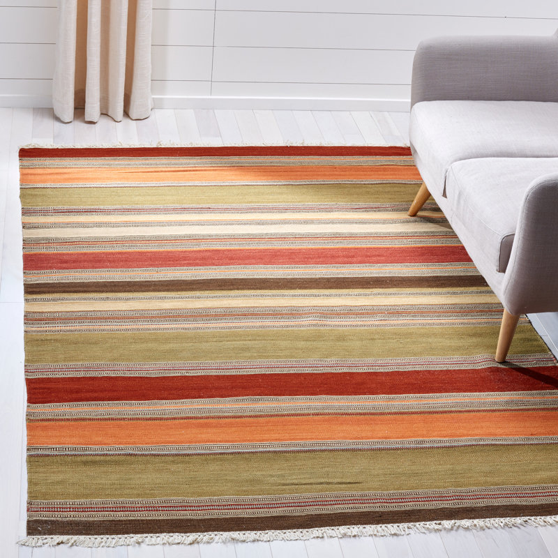 Northeast Pueblo Hand Woven Wool/Cotton Striped Rug in Red/Beige, Rectangle 9' x 12'