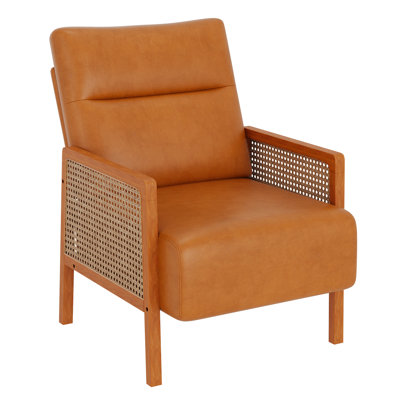 Upholstered Accent Chair With Rattan Arms And Solid Wood Legs
