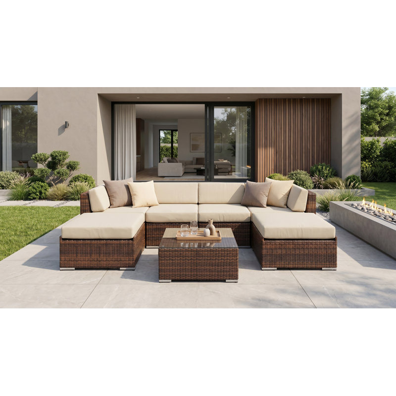 Ensemble de conversation en osier pour 4 personnes avec coussins Billyjo Wicker, Toile Sunbrella® beige antique