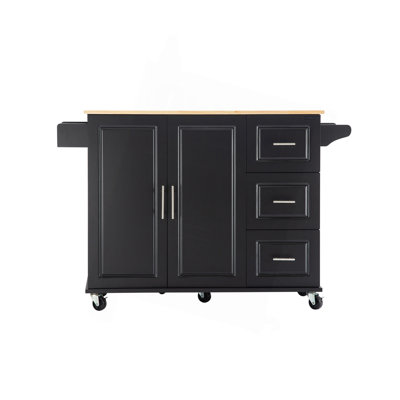 Kitchen Island & Kitchen Cart, Mobile Kitehcn Island With Extensible Rubber Wood Table Top,Adjustable Shelf Inside Cabinet For Different Utensils, 3 Big Drawers, With Spice Rack, Towel Rack, Black-Bee