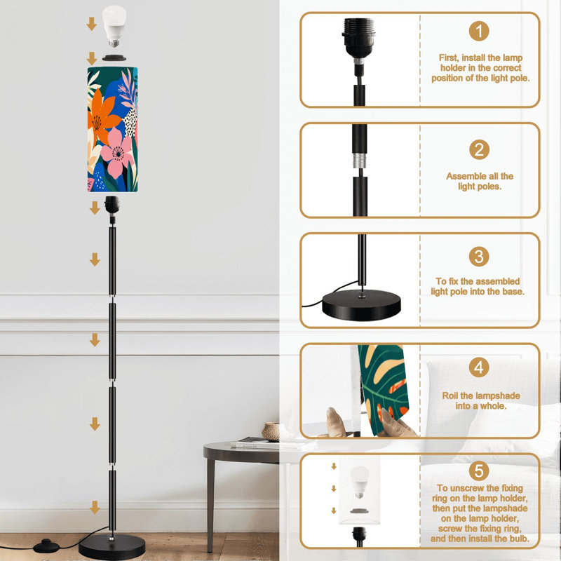 Lampe sur pied colorée à motif floral tropical à intensité variable moderne avec télécommande et interrupteur au pied avec abat-jour et lampe sur pied pour le bureau de la chambre à coucher