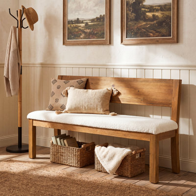 Banc de hall d'entrée rembourré 55,12 po avec dossier et structure en bois massif, banc de salle à manger pour couloirs, salles à manger et chambres à coucher