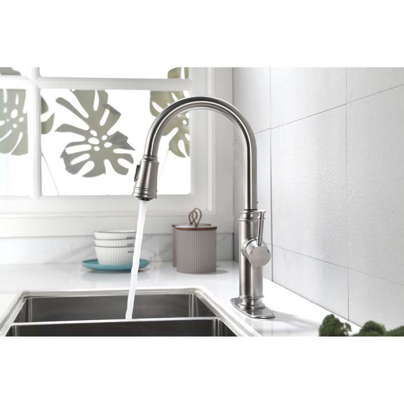 Stainless Steel Pull Out Sink Faucet, Splash- Discharge Brushed Nickel Down Construction