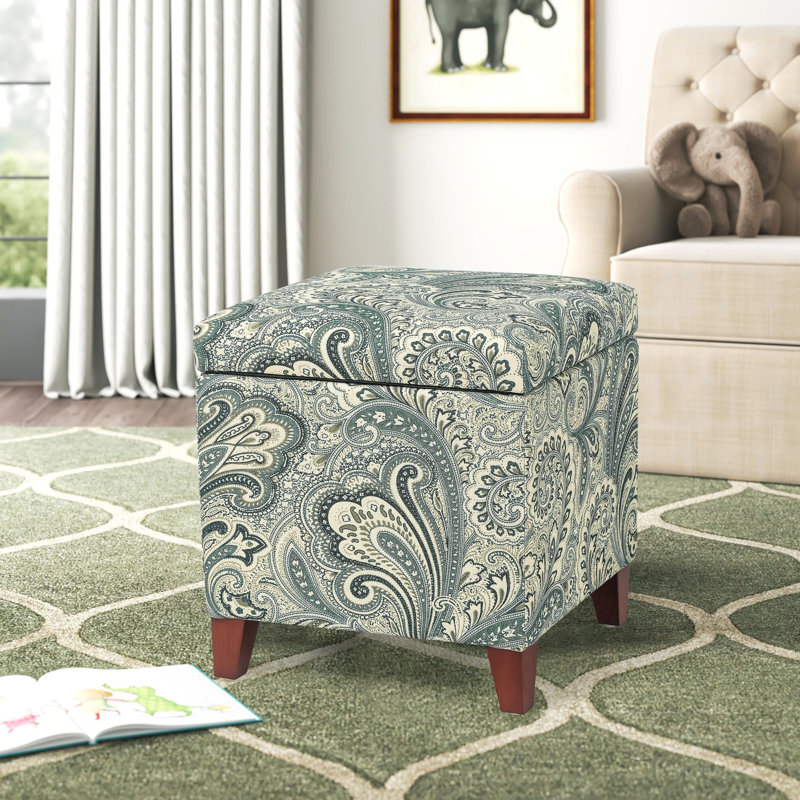 Samir Upholstered Ottoman, Blue Damask Linen, Brown