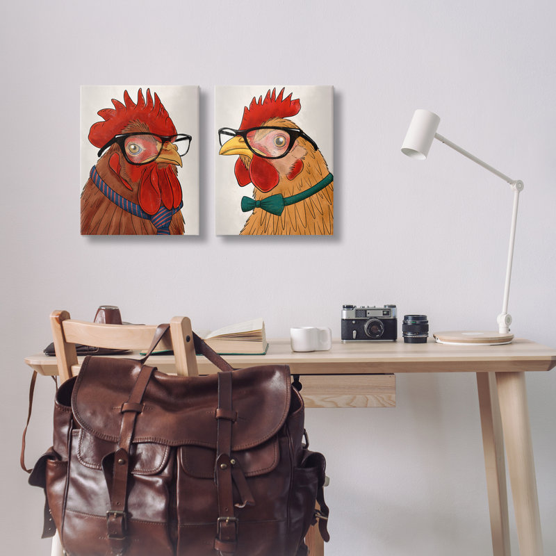 Ensemble de toiles 2 pièces Quirky Hipster Roosters, design par Marcus Prime, H 20 po x l 16 po