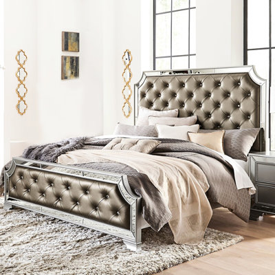 Queen Size Silver Bed Frame, Button- Headboard And , Beveled Mirror Trim, Contemporary Bedroom Desirable Setup Item Glamorous Frame With Finish, Upholstered, Charming Decor