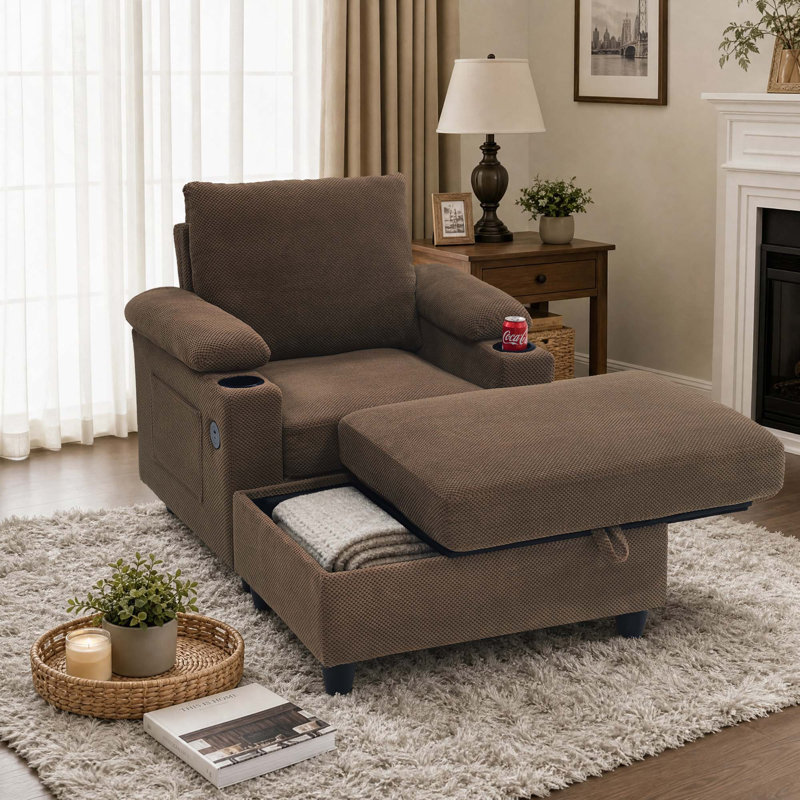 Ensemble de fauteuil d'appoint polyvalent et repose-pieds avec rangement, canapé-lit convertible avec dossier inclinable, porte-gobelets et ports USB-C