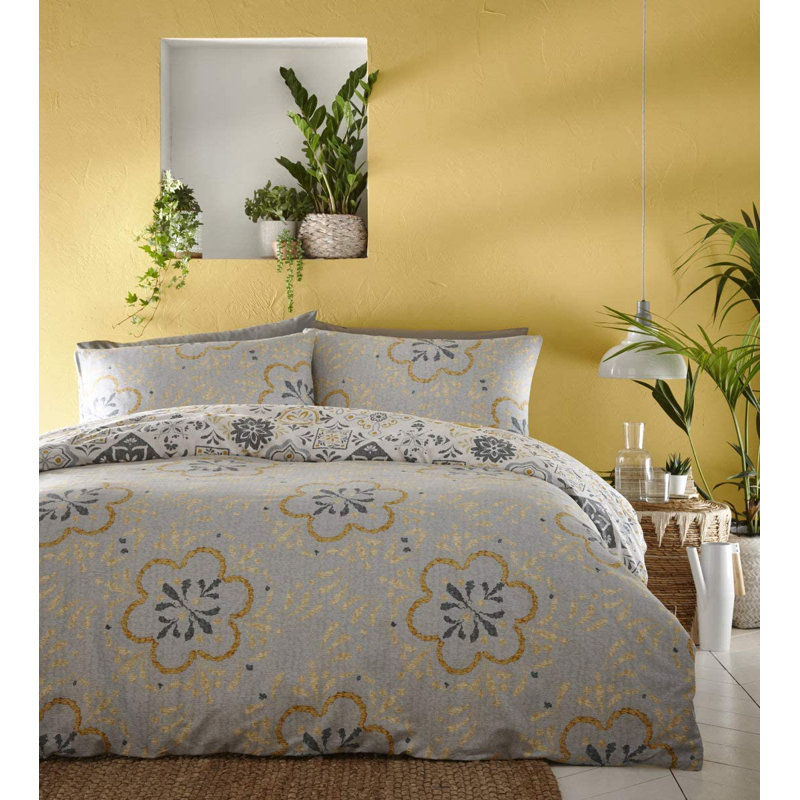 Ochre/Blue 56 TC Reversible Duvet Cover Set, Ochre/Blue, 135 x 200cm Duvet Cover + 1 Standard Pillowcase