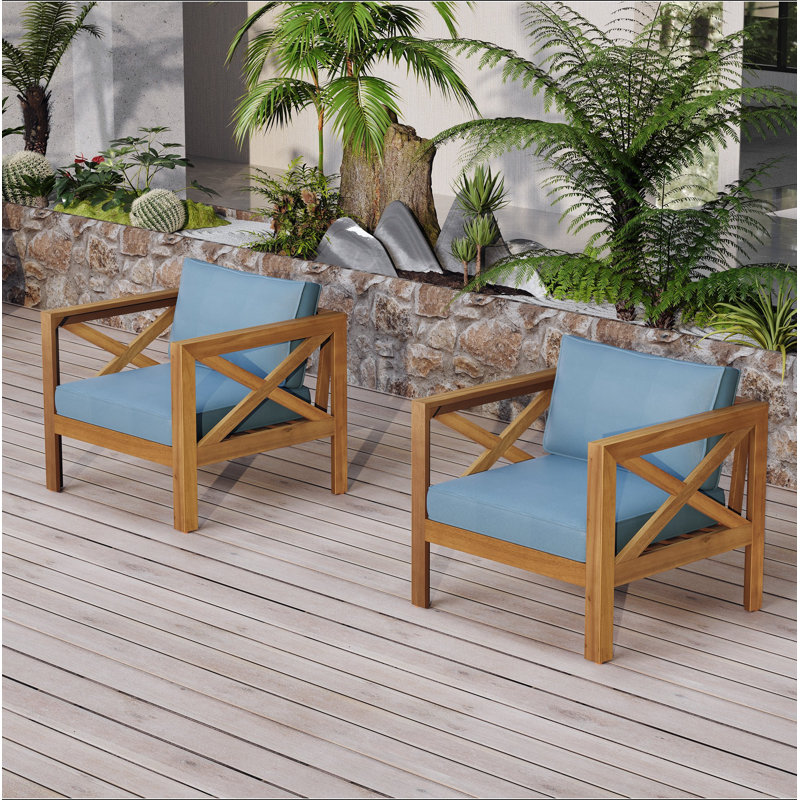 Fauteuils club d'extérieur en bois d'acacia avec coussins (ensemble de 2) - Chaises de conversation résistantes aux intempéries pour patio / jardin