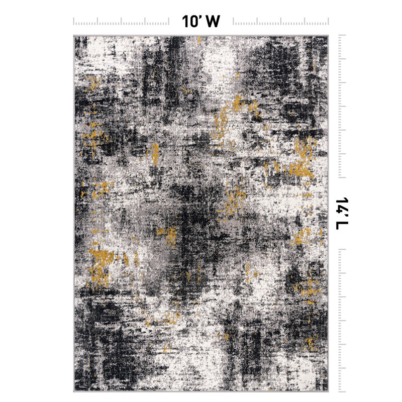 Abstract Yellow/Black/Gray Area Rug, Rectangle 10' x 14'