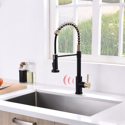 Robinet d'évier de cuisine mains - sans contact automatique intelligent avec retrait, noir et or, aspect contemporain, rembourré de céramique, pulvérisation de matériau en laiton, pour évier, remplisseur,