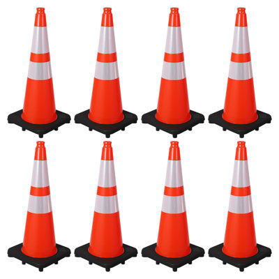 Cône de sécurité orange multi-usages pour véhicule - 28 pouces, PVC, base noire lourde, deux colliers réfléchissants, résistant aux intempéries, pour le stationnement, la zone de travail, bord de la route - paquet de 8, 70 cm