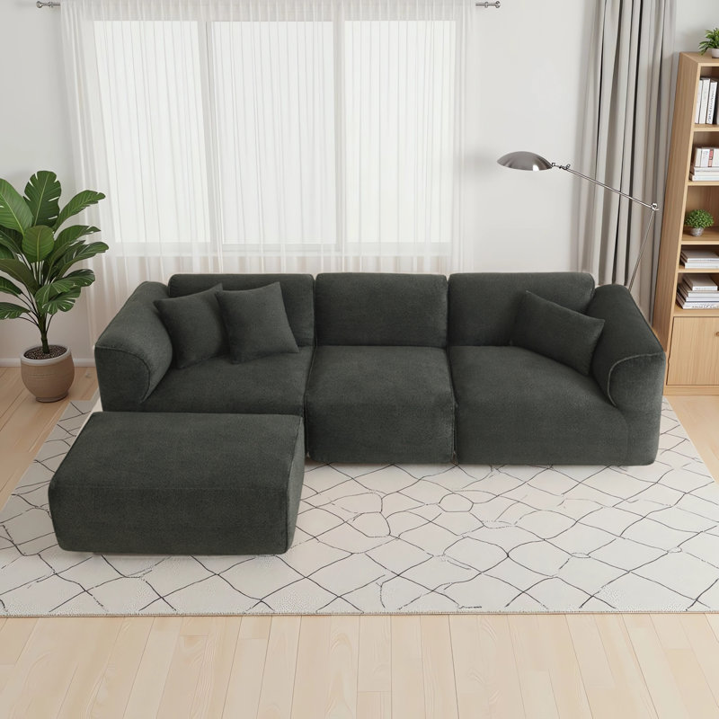 Canapé modulaire en forme de L à 4 places Boneless de 122 po avec repose-pieds et coussins décoratifs en velours
