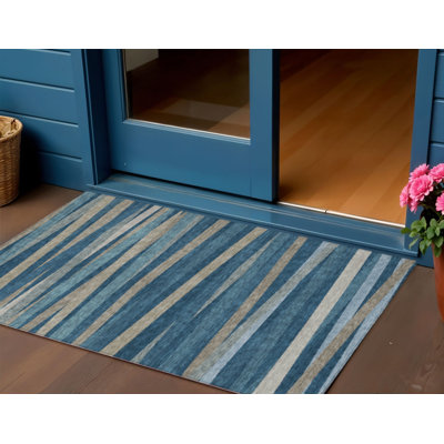 3' X 5' Denim Blue Striped Washable Indoor Outdoor Area Rug