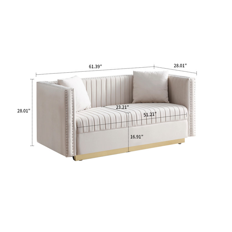 Vertical Channel Tufted Upholstered Sofa Couch For Living Room With 2 Pillows, Beige Velvet, 28" H x 61.4" W x 28" D, 2