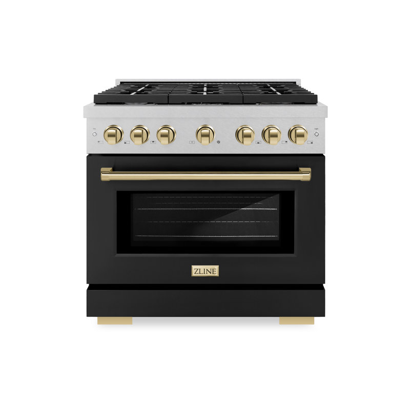 ZLINE Autograph Edition 36 in. 5.2 cu. ft. Paramount Gas Range with 6 Burner Cooktop and Convection Gas Oven in Satin Stainless Steel with Black Matte Door and Accents