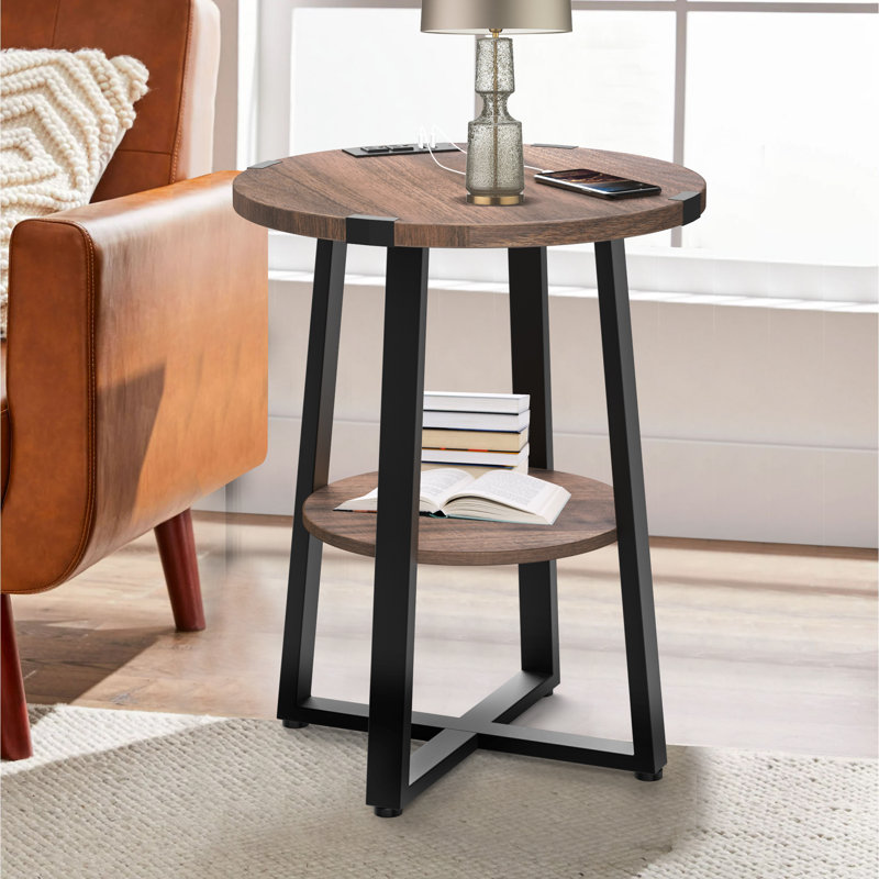 Table de bout haute Jalanda avec 2 ports USB, 2 prises de courant et 2 tablettes de rangement à 2 niveaux, Noyer foncé