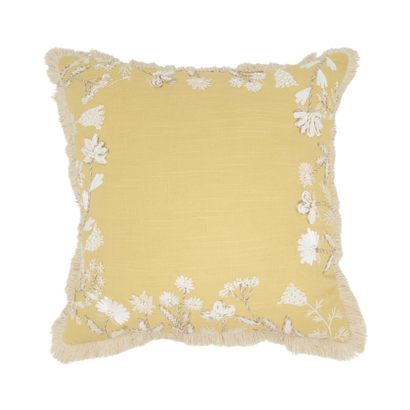 Graceful Embroidered Floral Pillow, Polyester, Yellow