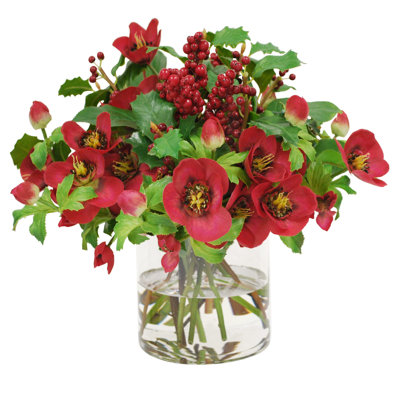 MIXED HELLEBORES AND ROSE IN VASE
