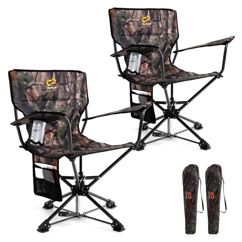 2PCS 360° Swivel Hunting Chair with Mesh Cup Holder & Storage Pockets Cozy Backrest Camo