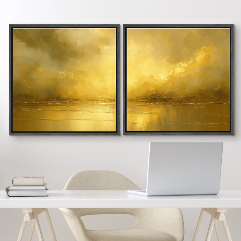 «Radiant Gold Horizon Modern Luxe», ensemble de 2 reproductions d'art mural encadrées, H 24 po x l 24 po, Cadre flottant noir