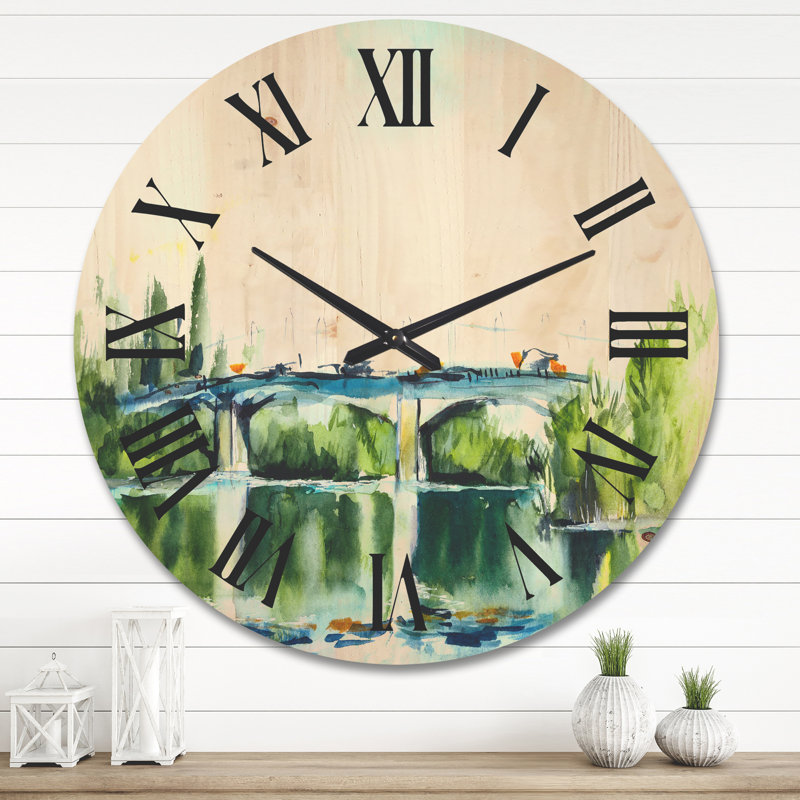 Horloge murale paysage avec vieux pont dans la campagne, Très grand