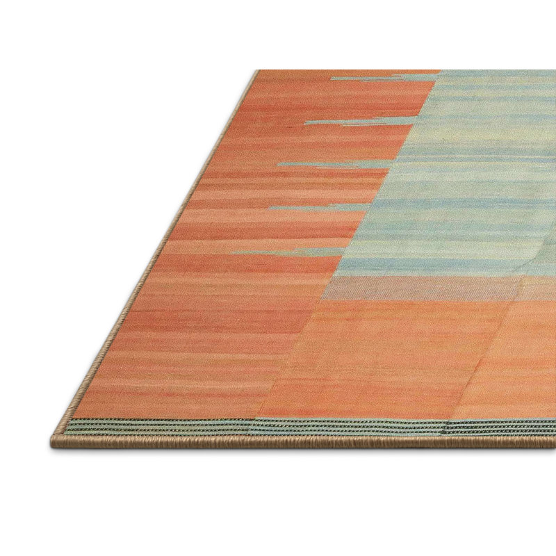 Tapis contemporain orange / bleu, Rectangle 5 pi x 7 pi
