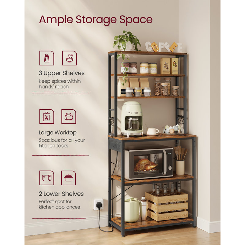 Baker's Rack With Power Outlet, Coffee Bar For Kitchen With Storage, 6-Tier Kitchen Shelves With 6 Hooks, Microwave Stand, 40 X 60 X 167 Cm, Golden Oak And Cloud White