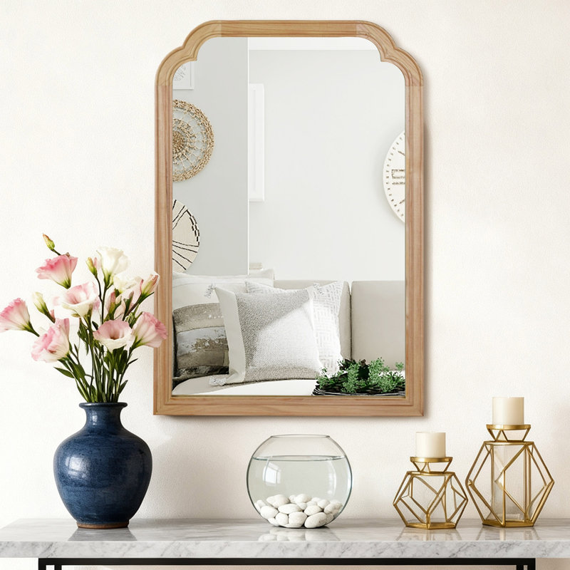 Miroir de coin rond en bois massif naturel 24 po x 36 po pour chambre à coucher, salle de bain, salon et entrée, Bois naturel