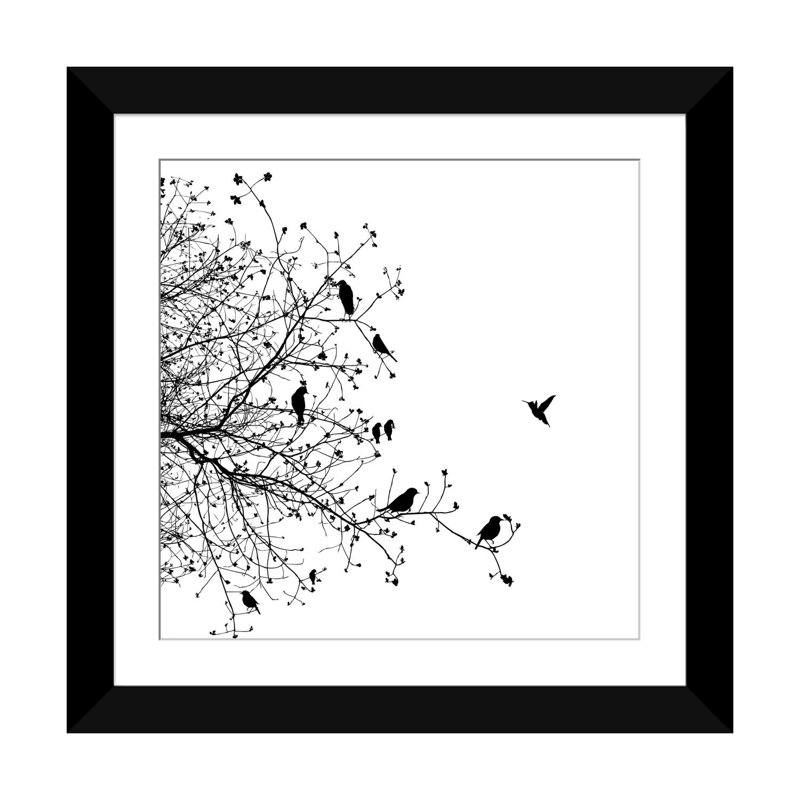 «Birds I», impression sur toile, H 24 po x l 24 po x P 1 po, Papier beaux-arts encadré noir, Blanc
