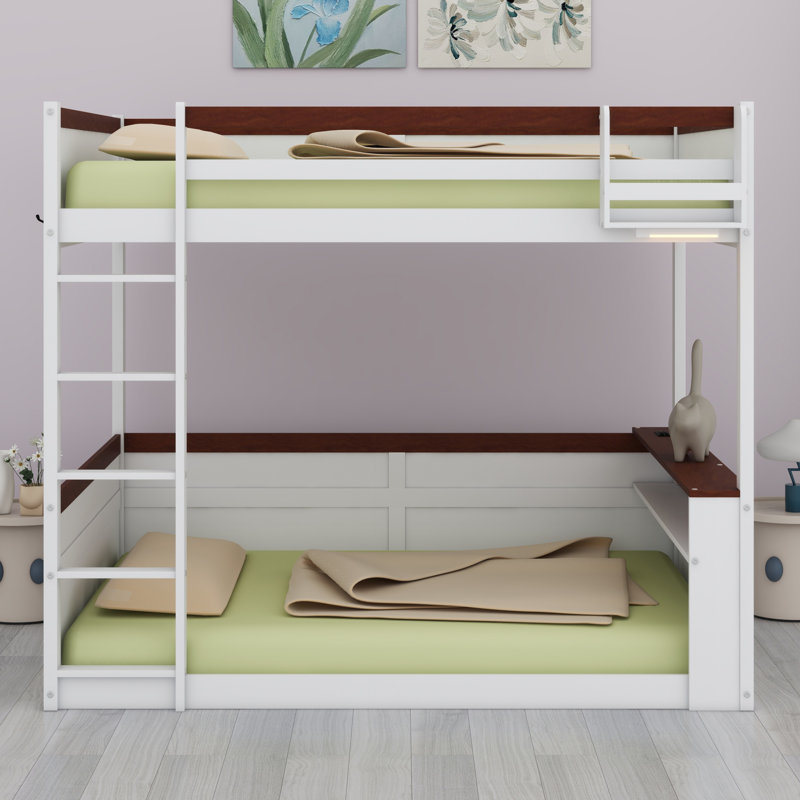 Wooden Bunk Bed With Built-In Shelves,Storage Box,LED Light And USB Charging Station, White/Brown