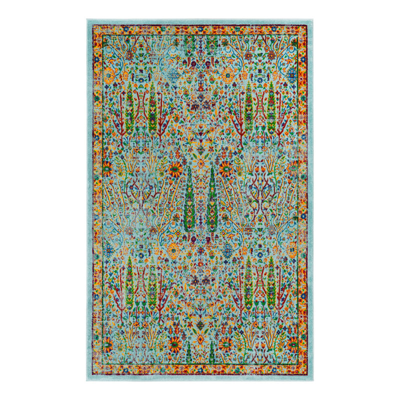 Round Floral Power Loomed Polypropylene Area Rug in Aqua/Blue/Orange, Rectangle 5'3" x 8'