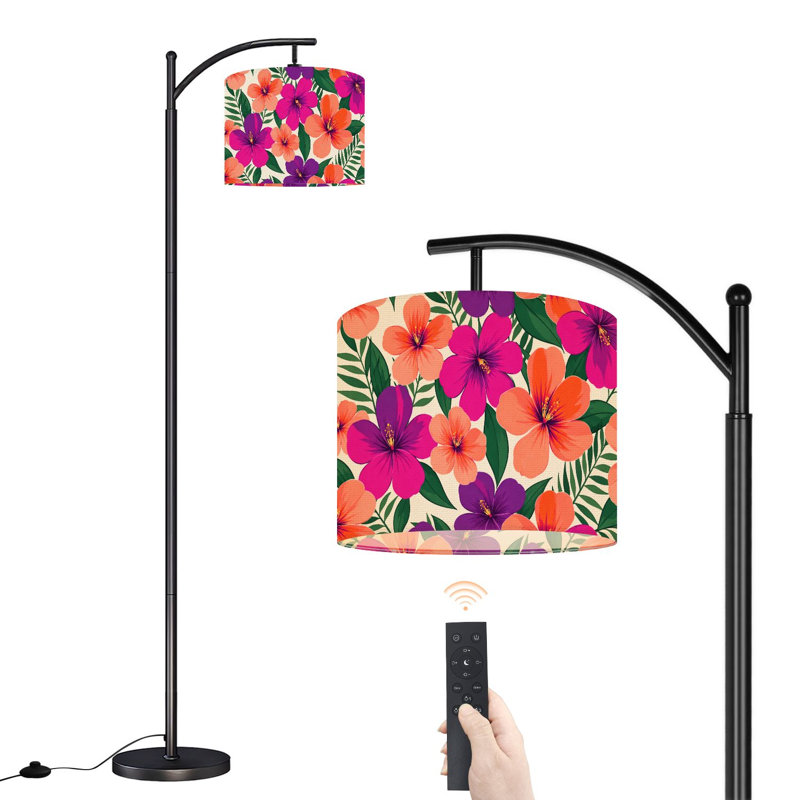 Arc Floor Lamp with Adjustable Lampshade Abstract flowers patterns floral fabric Standing Lamp 3 Color Temperatures Dimmable Tall Pole Lamp with Foot Switch for Bedroom