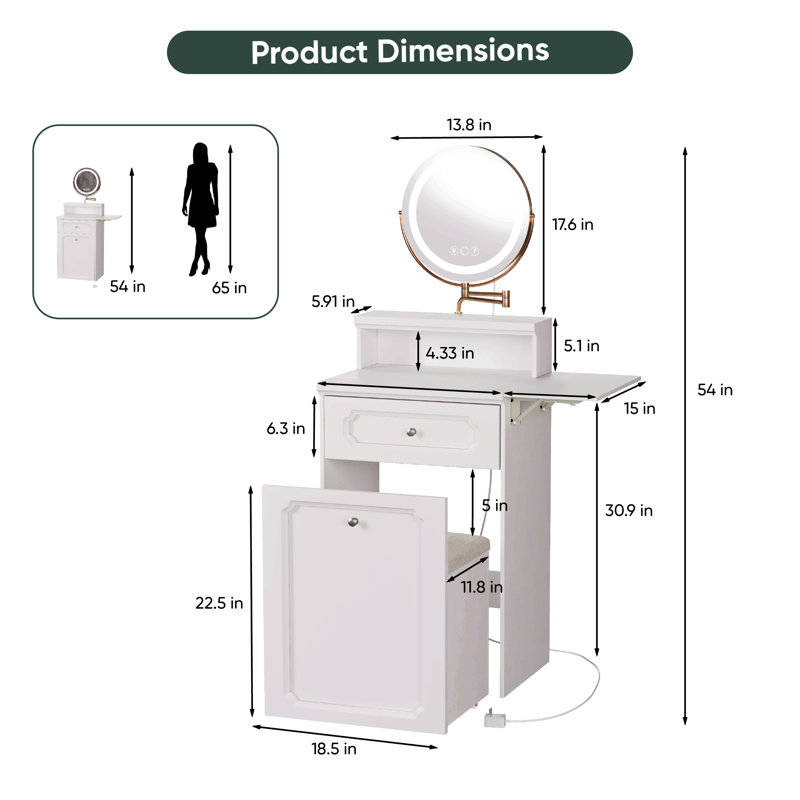 Bureau de coiffeuse blanc avec miroir rond et lumières, table de chevet 2 en 1, coiffeuse avec fauteuil