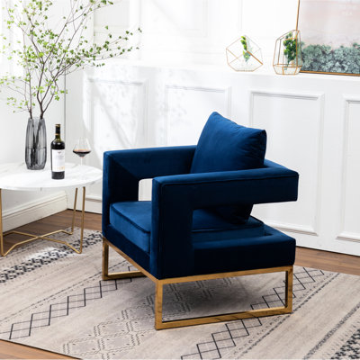 Fauteuil contemporain avec accoudoirs bleu, revêtu de tissu, structure en métal robuste, carré, velours de fauteuil d'appoint à dossier rembourré confortable, ton doré pour le style et le confort