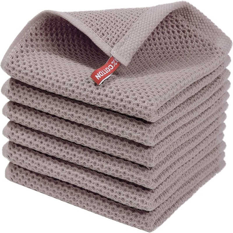 Serviettes de cuisine 100% coton gaufré, ensemble de 6, Brun