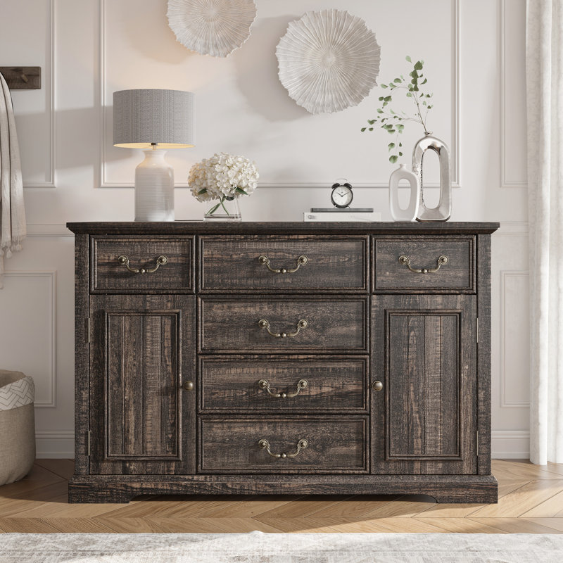 6 Drawers Dresser With Barn Door,47.2" Wide Wooden Dresser For Bedroom,Rustic Chest Of Drawers And 55" Tv Stand For Living Room