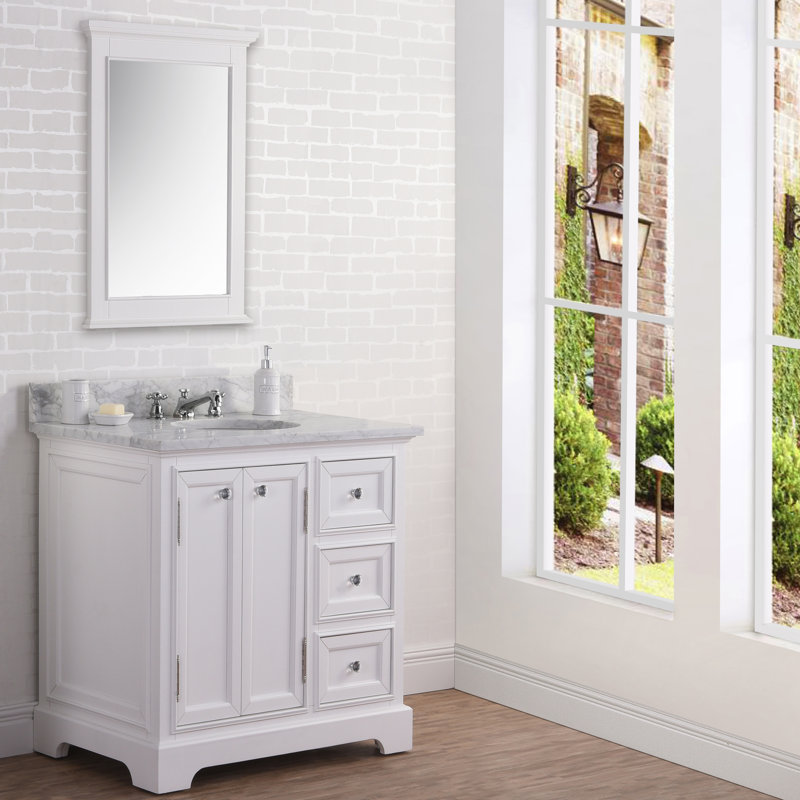 Derby 36" Carrara White Marble Countertop Bath Vanity with Miror, No, White