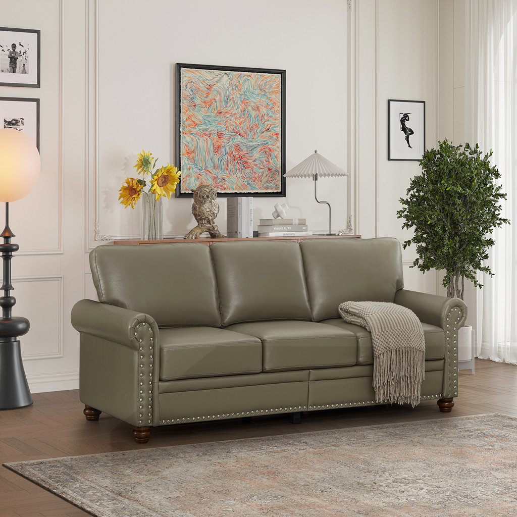 Red Barrel Studio Classic Living Room Nails Sofa Taupe Faux Leather ...