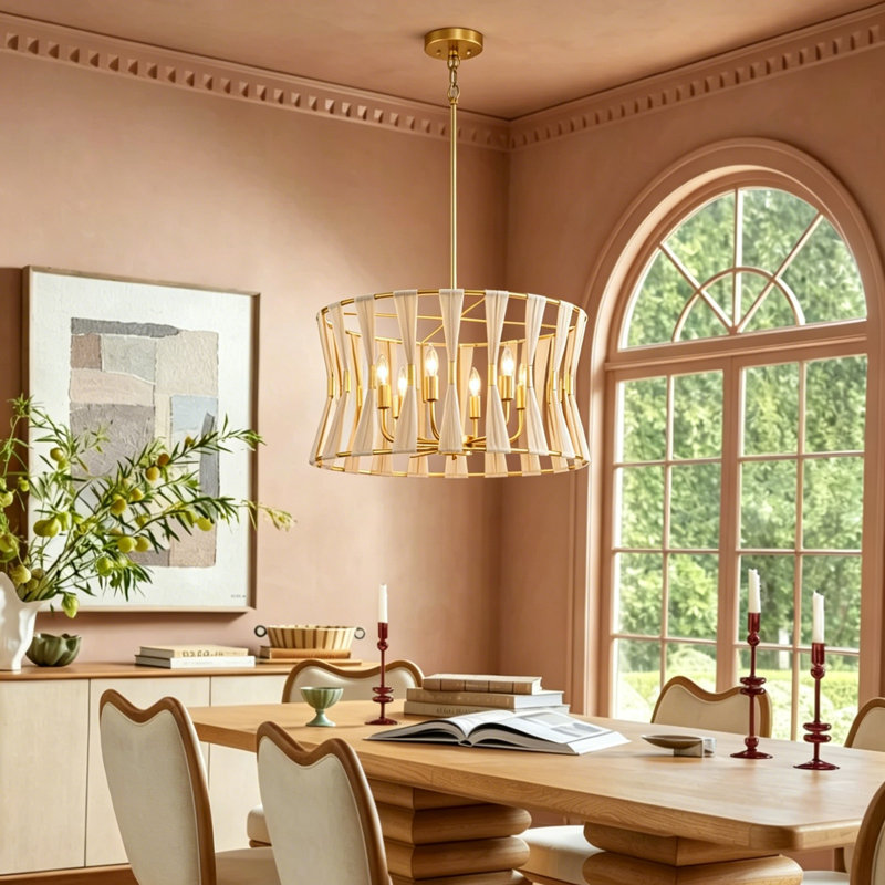 Renessa 6-Light Hand-Wrapped Rope Drum Chandelier , Brass/Beige