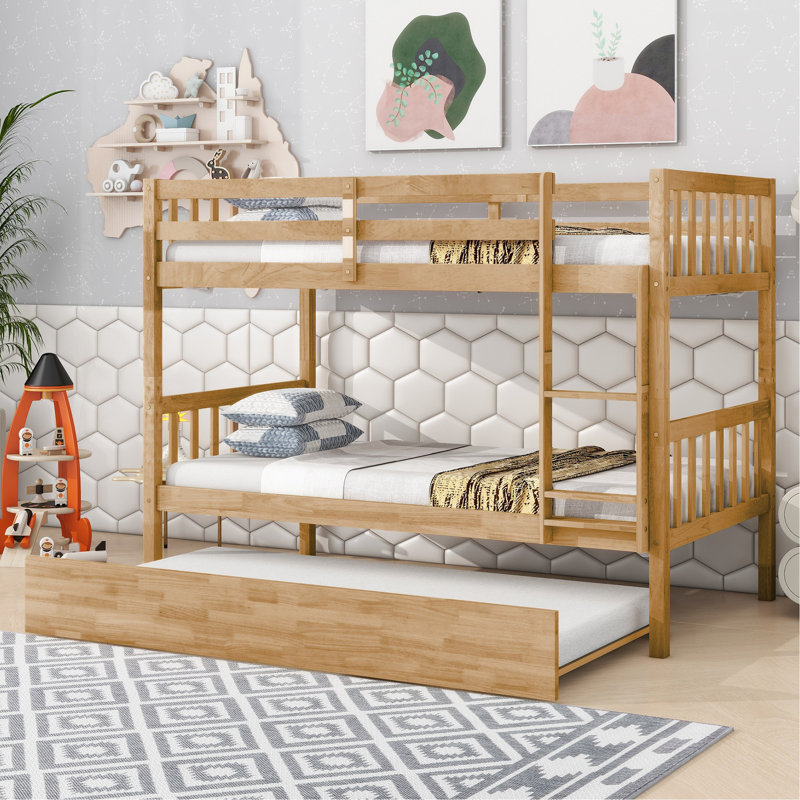 Sotion Kids Bunk Bed with Trundle, Twin Over Twin, Natural