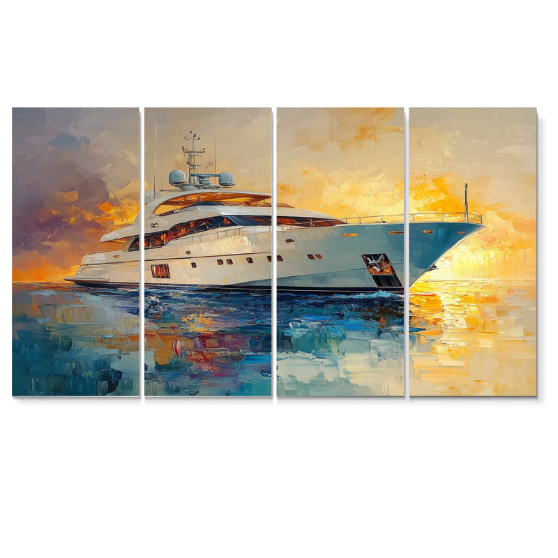 Bateau de plaisance dans des tons bleus et jaunes - ensemble d'art mural de bateau, H 32 po x l 64 po