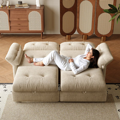81.5-Inch Convertible Sofa Bed, 2-in-1 Multi-Functional Sleeper Sofa, Chenille Upholstered Plush Couch, Space-Saving Pull-Out Sofa for Living Room & Apartment, Beige