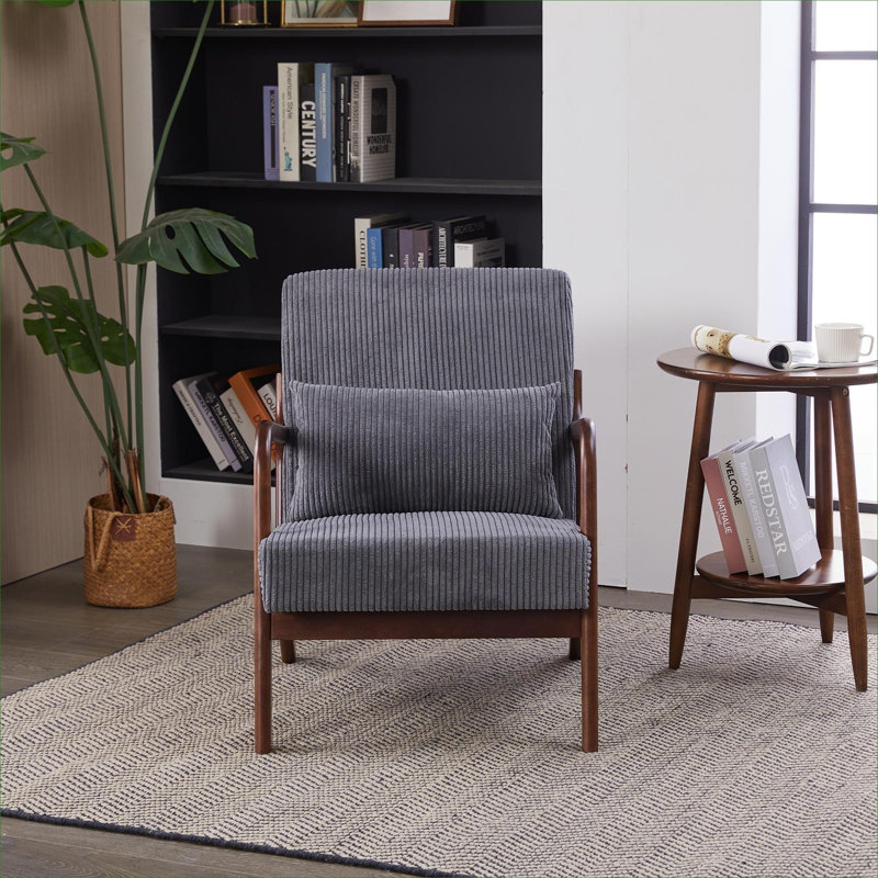 Chaise rembourrée en polyester de style Mid-Century avec structure en bois massif, gris froid, Gris, Noyer