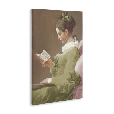 Femme victorienne assise avec un livre sur toile, design par Corinne Haig