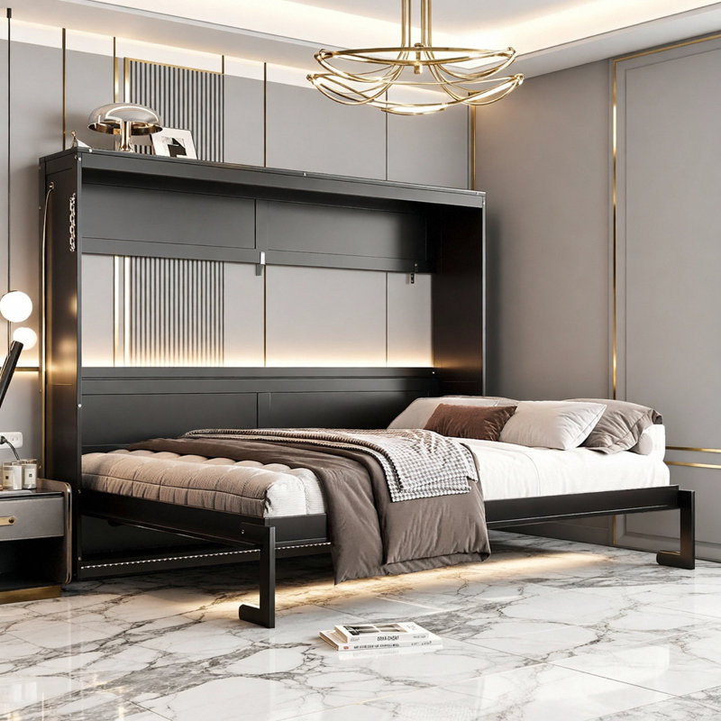 Lit escamotable moderne pliant sur le côté avec motif imprimé tendance, Grand lit, Noir