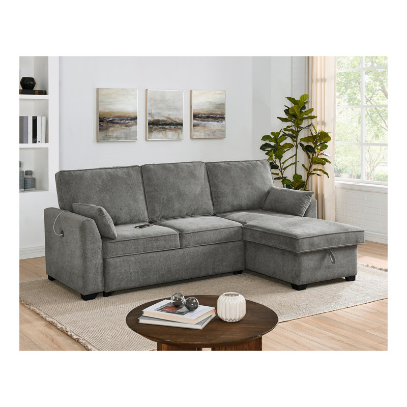 Canapé-lit modulaire en tissu gris l 92 po avec méridienne réversible, ports de chargement USB et porte-gobelets