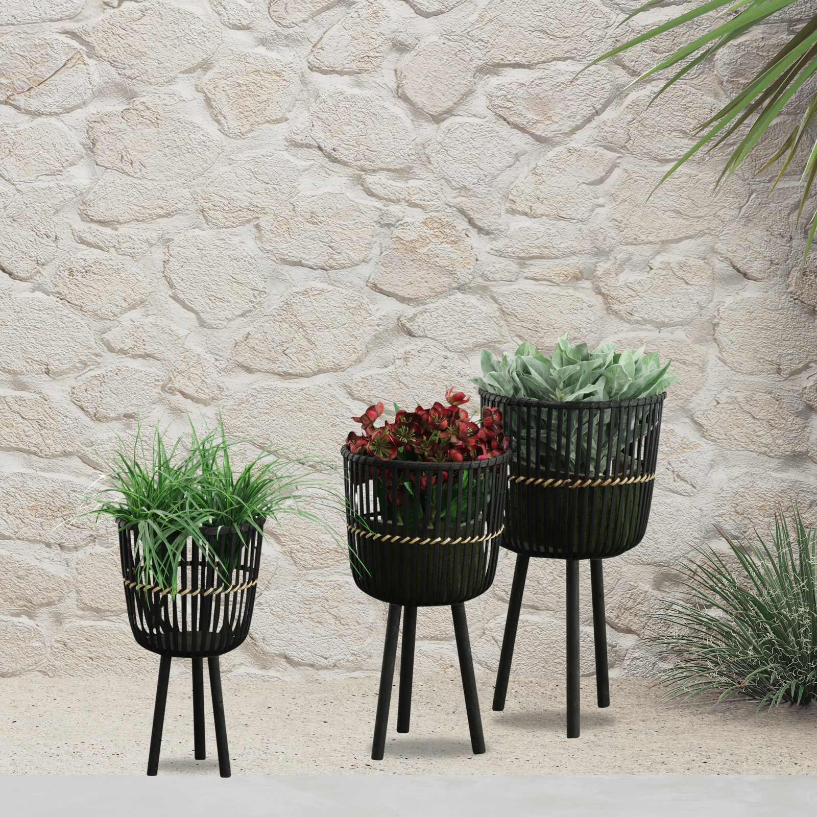 Wicker Modern Boho Bamboo Planter Set, Black, 26" H x 15" W x 15" D, Set of 3